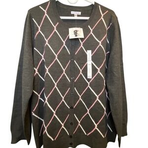 Croft & Barrow Argyle Cardigan Sweater Dark Gray Pink XXL New With Tags